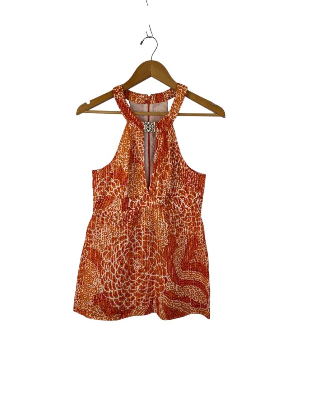 Trina Turk Women's Halter Top Orange Metallic Cotton Blouse Keyhole Plung Size 4